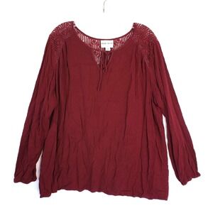 Ava & Viv Blouse Womens Plus 3X Burgundy Long Sleeve‎ Lace Trim Top Boho Office